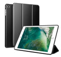 Black clamshell iPad case with built-in stand open, showing interior for a 9.7-inch tablet.
