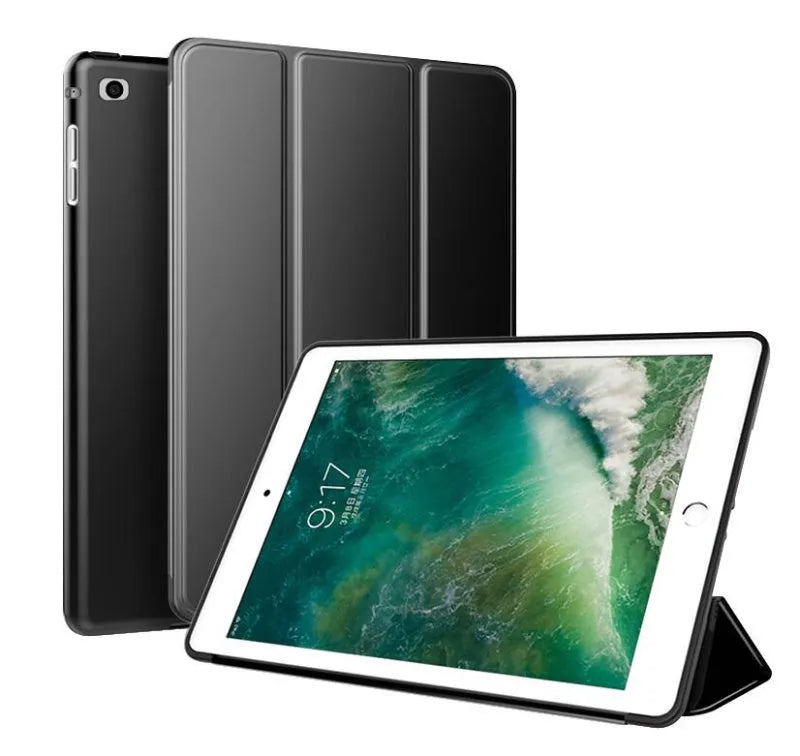 Black clamshell iPad case with built-in stand open, showing interior for a 9.7-inch tablet.