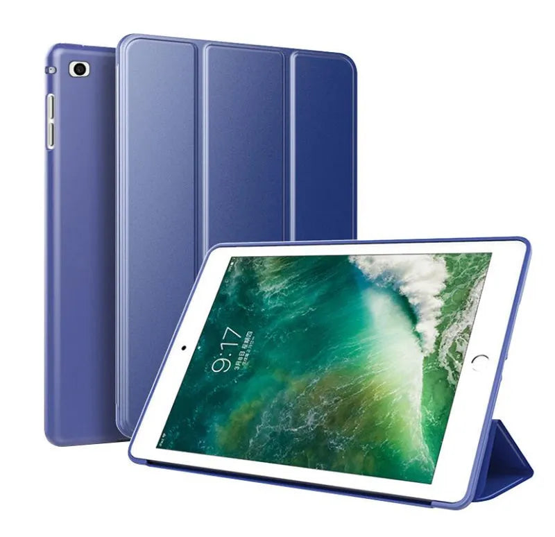 Black clamshell iPad case with built-in stand open, showing interior for a 9.7-inch tablet.