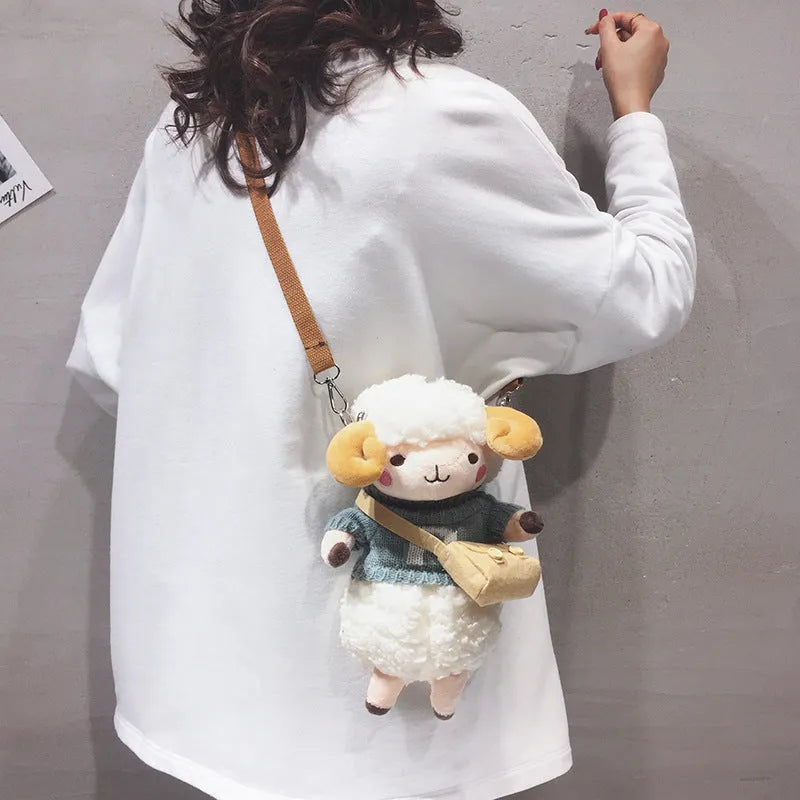 Little Sheep plush crossbody bag with lamb pattern and square design in blue colour