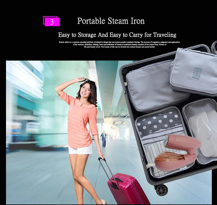 Pink Sokany corded steam ironing brush for clothes on a table.