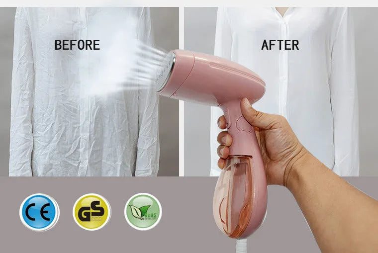 Pink Sokany corded steam ironing brush for clothes on a table.