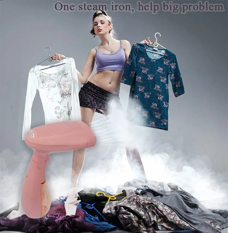 Pink Sokany corded steam ironing brush for clothes on a table.