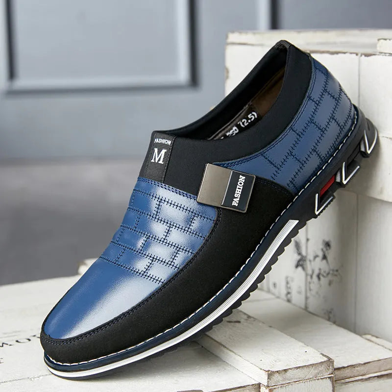 Men's casual leather shoes in blue, black, and brown colours showing low-top design with detailed size chart
