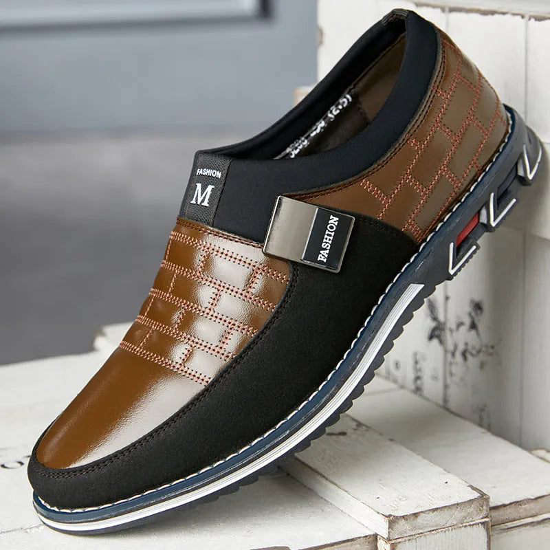 Men's casual leather shoes in blue, black, and brown colours showing low-top design with detailed size chart