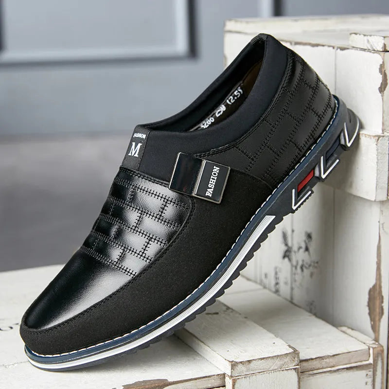 Men's casual leather shoes in blue, black, and brown colours showing low-top design with detailed size chart