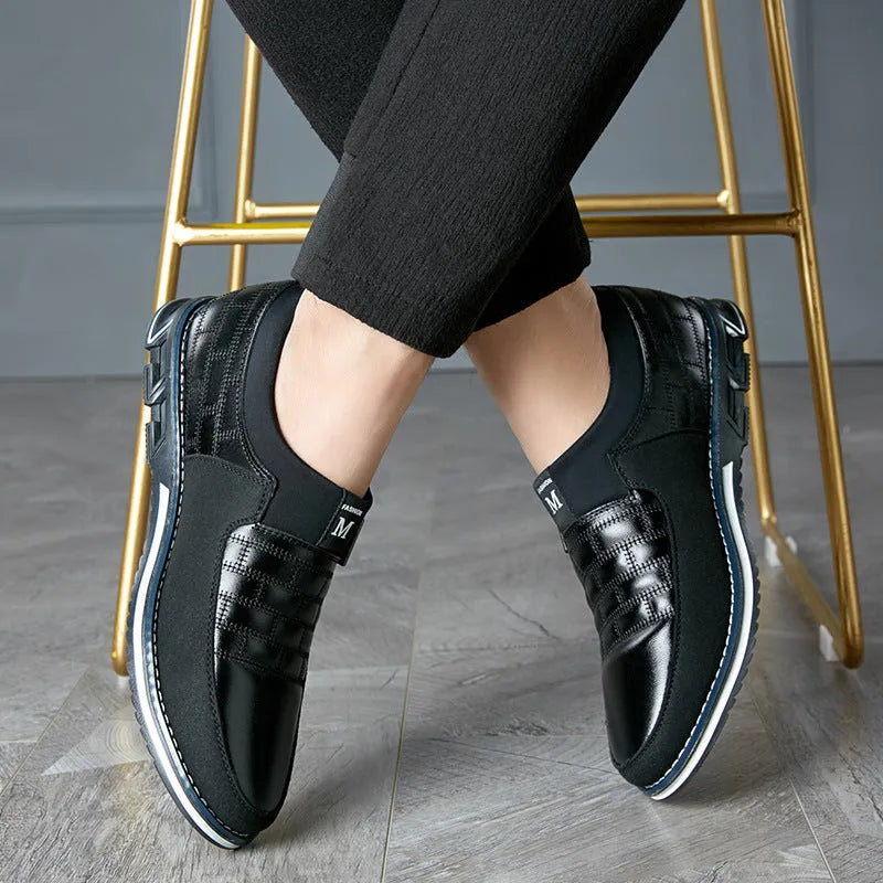 Men's casual leather shoes in blue, black, and brown colours showing low-top design with detailed size chart