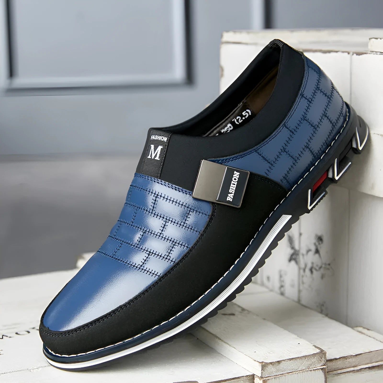 Men's casual leather shoes in blue, black, and brown colours showing low-top design with detailed size chart