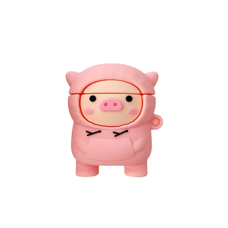 Pink silicone AirPods case with cartoon pig design and textured sweater finish