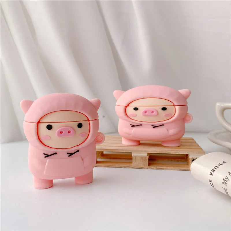 Pink silicone AirPods case with cartoon pig design and textured sweater finish