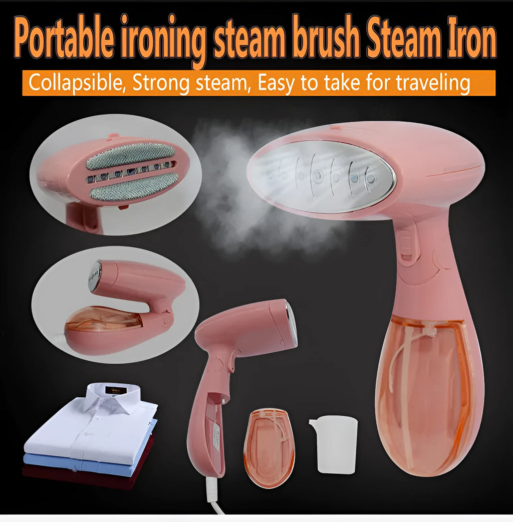 Pink Sokany corded steam ironing brush for clothes on a table.