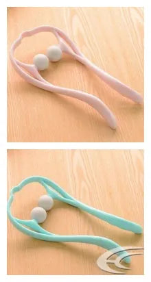 Plastic handheld neck and shoulder massager with adjustable width and roller head in pink, blue, and green colours.