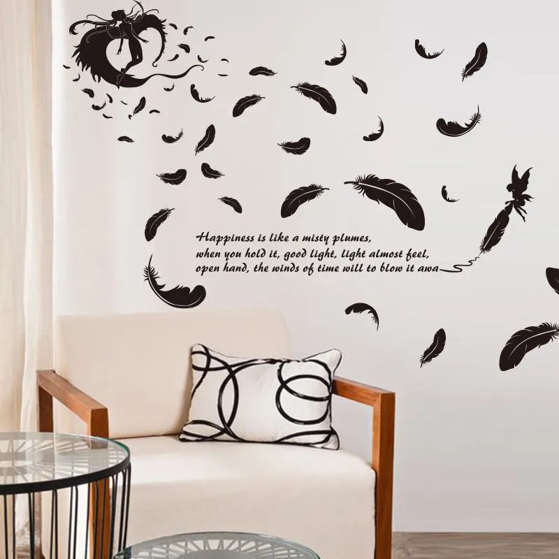 Black feather angel three generations removable wall sticker 50x70cm