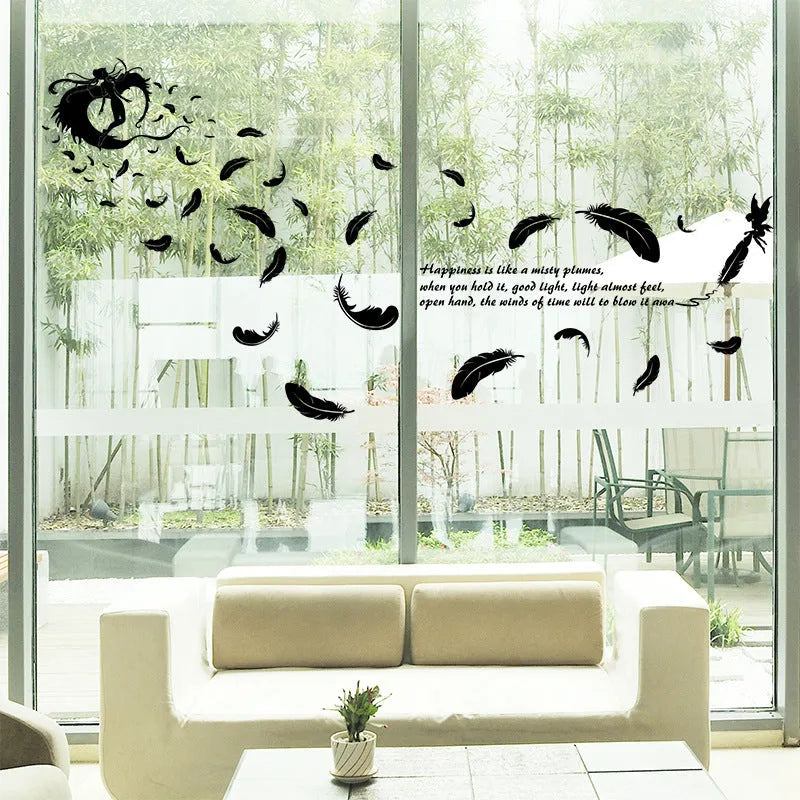Black feather angel three generations removable wall sticker 50x70cm