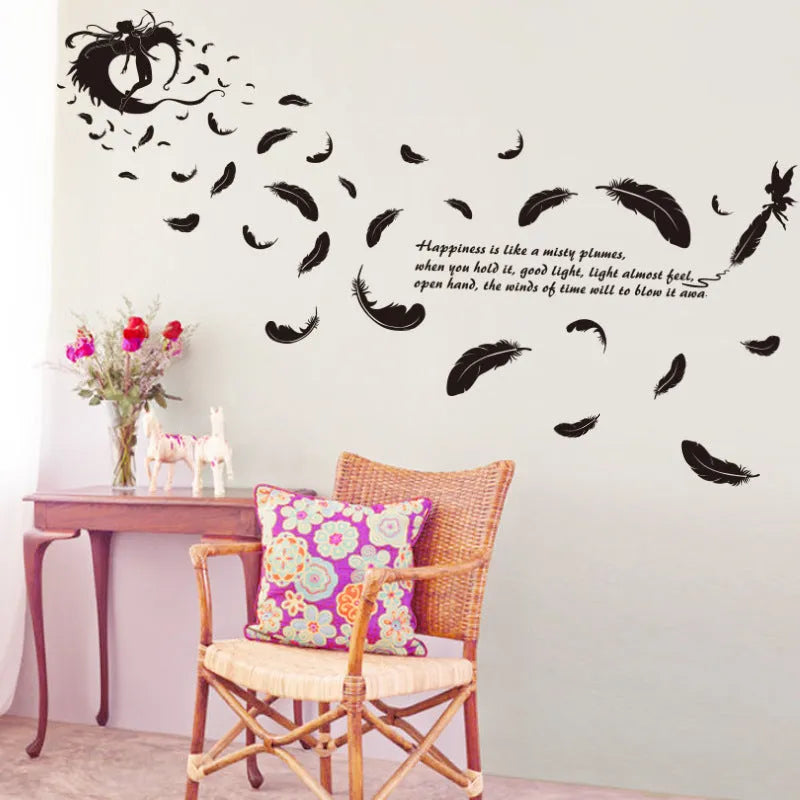 Black feather angel three generations removable wall sticker 50x70cm
