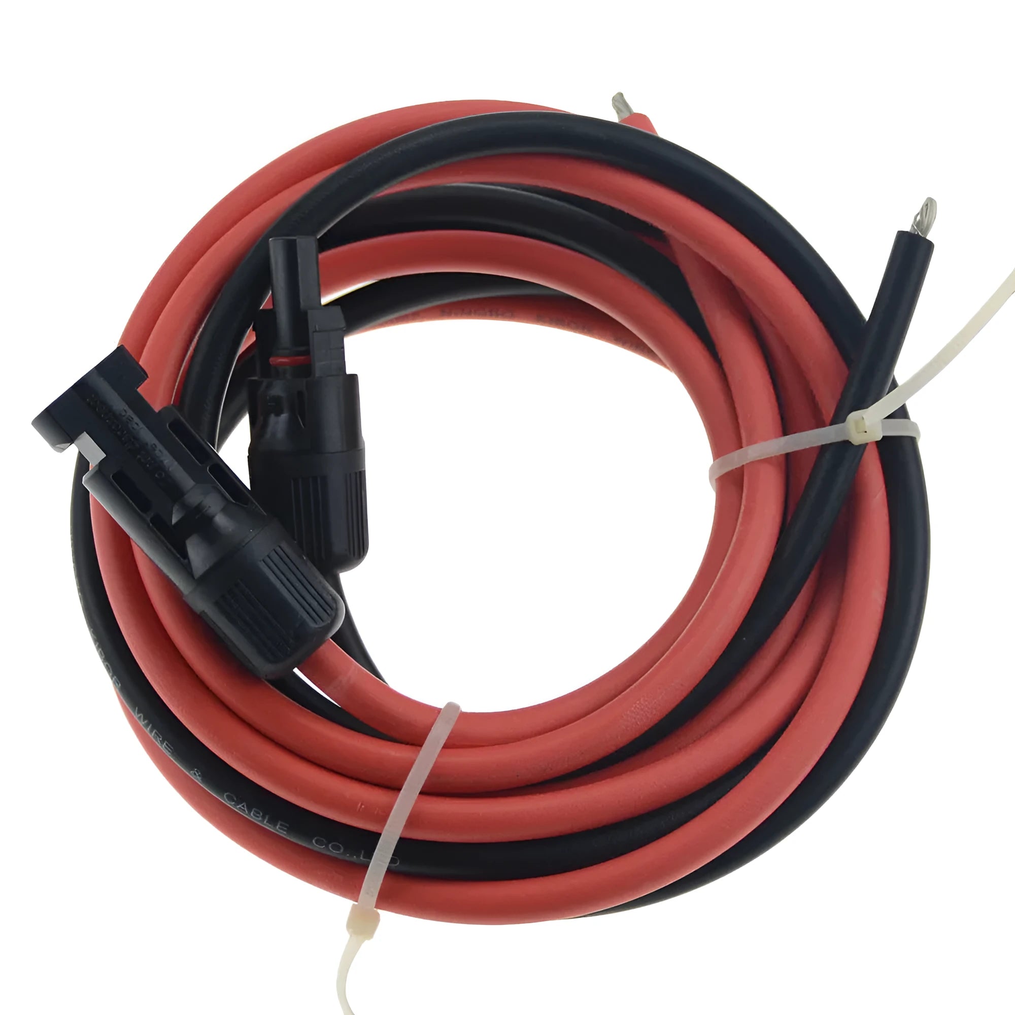 Black MC4 connector solar panel extension cable coiled next to a solar panel.