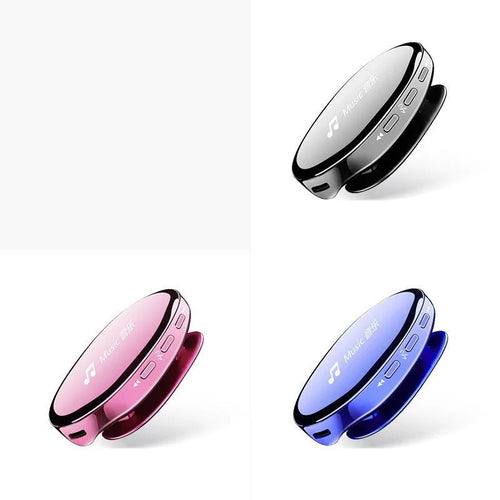 Compact blue Bluetooth MP4 music player with OLED screen showing track info.