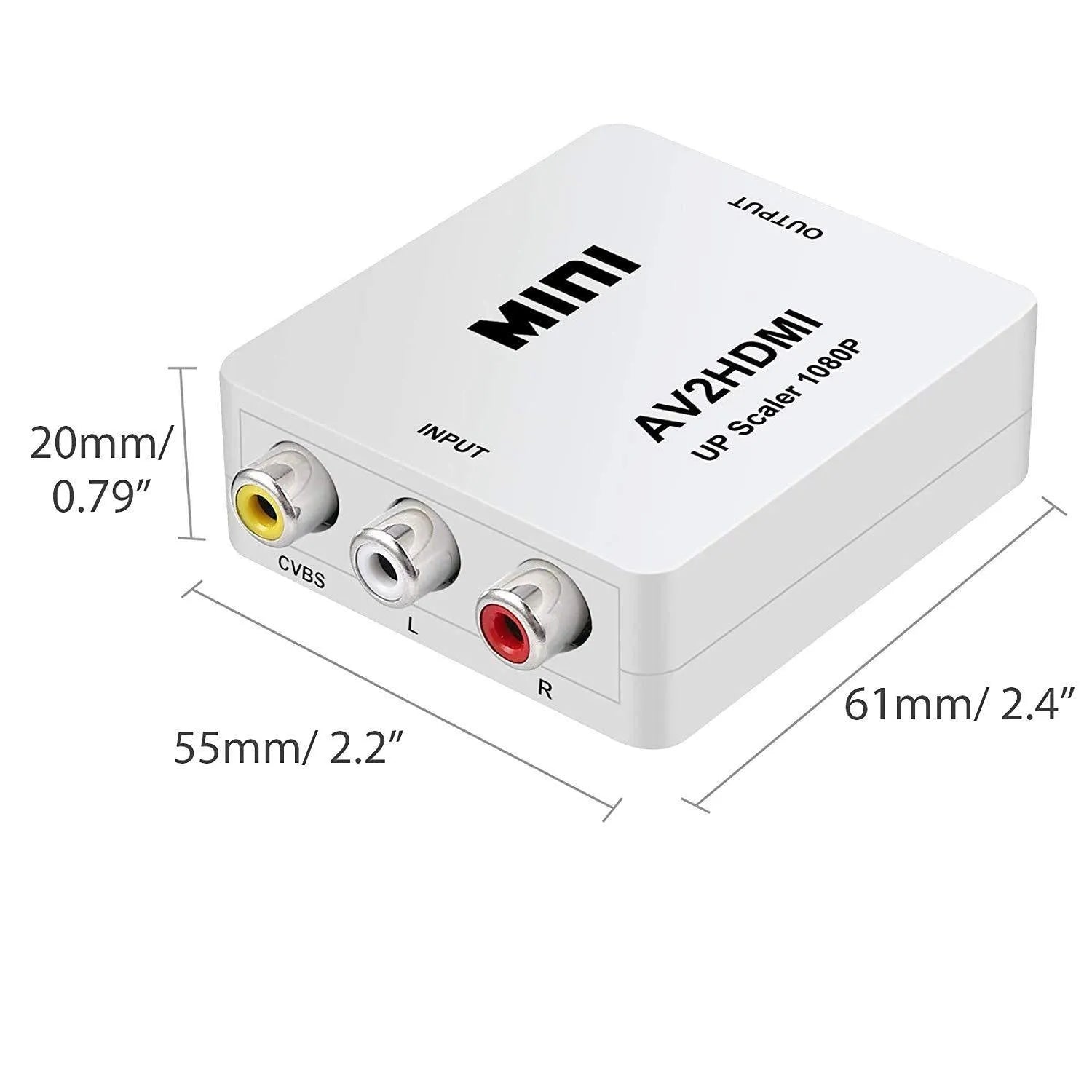 Mini AV to HDMI converter with 0.5 metre cable in black or white colour options