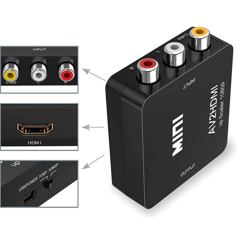 Mini AV to HDMI converter with 0.5 metre cable in black or white colour options