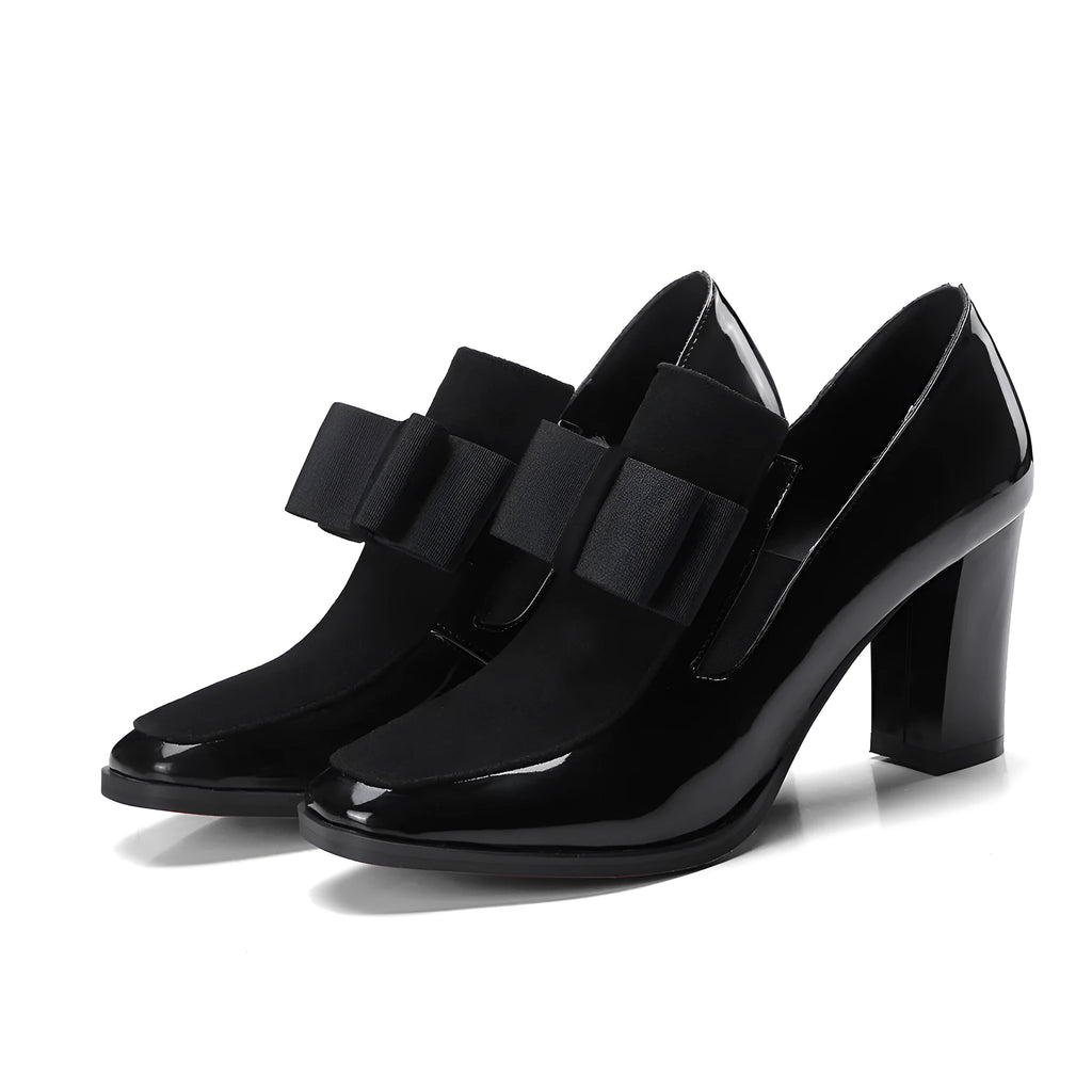 Women's large size patent leather thick heel shoes in black or wine red with square toe and rubber soles