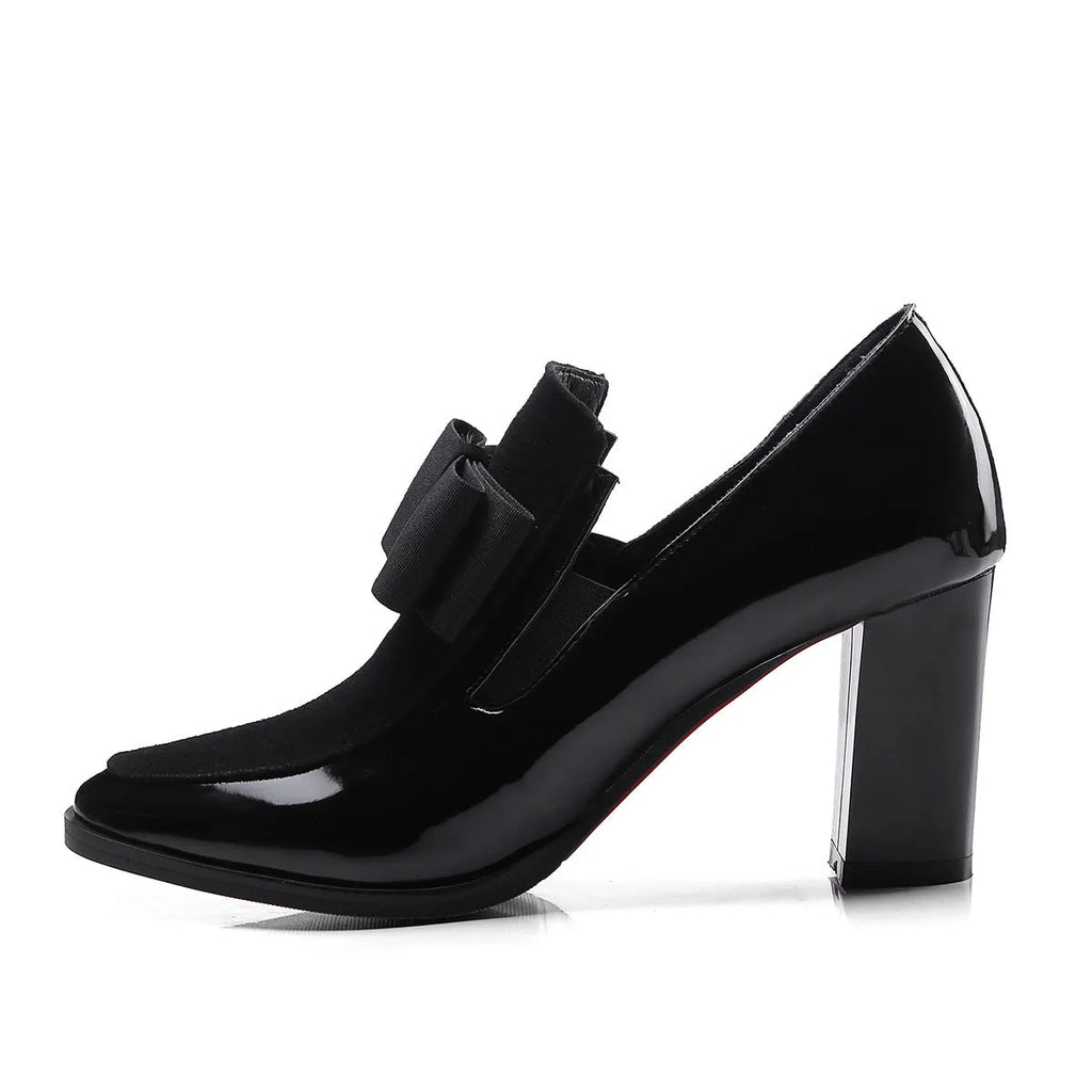 Women's large size patent leather thick heel shoes in black or wine red with square toe and rubber soles