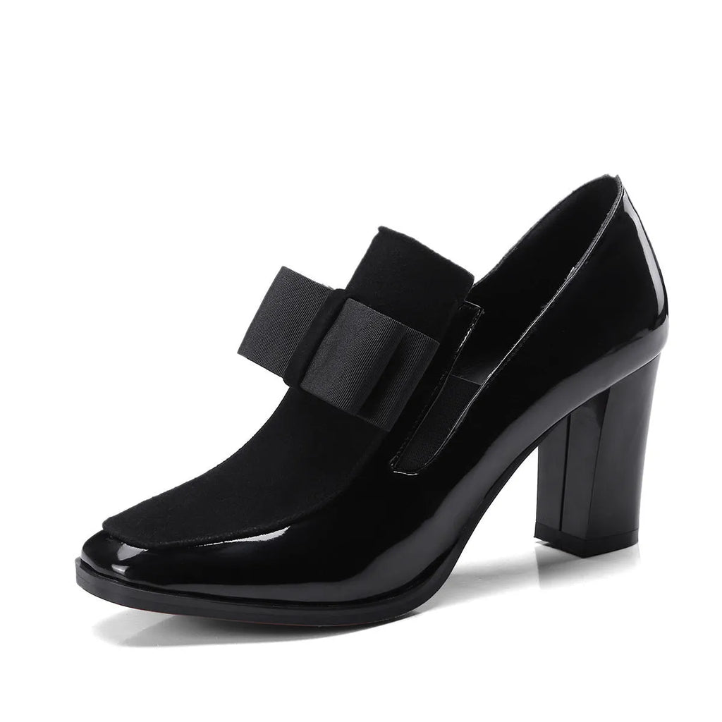 Women's large size patent leather thick heel shoes in black or wine red with square toe and rubber soles