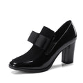 Women's large size patent leather thick heel shoes in black or wine red with square toe and rubber soles