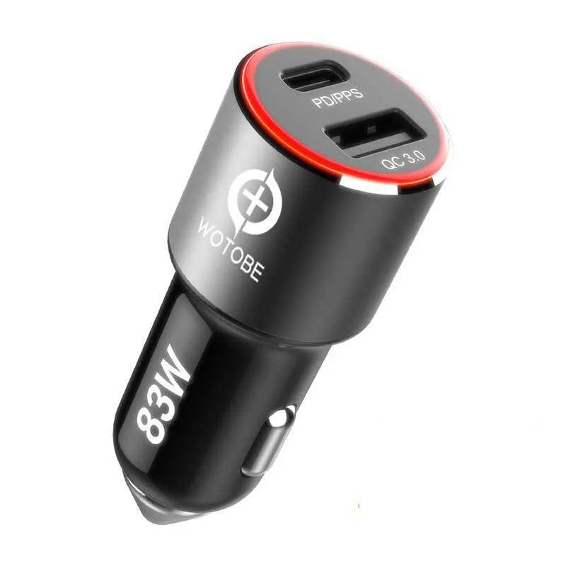 83W dual-port fast car charger with USB C and QC3.0 ports, shown with C-C cable or Apple MFI cable bundle options.