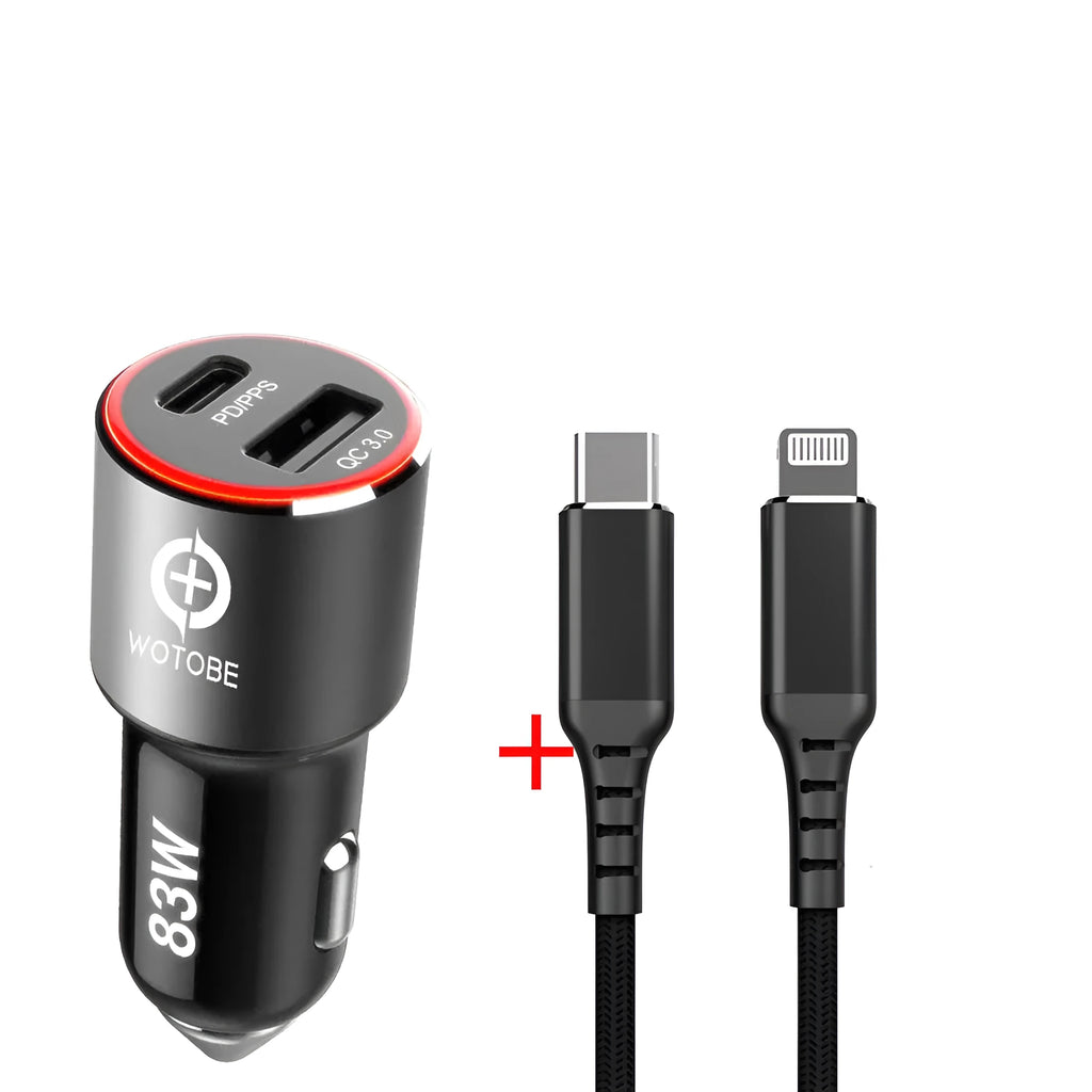 83W dual-port fast car charger with USB C and QC3.0 ports, shown with C-C cable or Apple MFI cable bundle options.