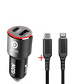 83W dual-port fast car charger with USB C and QC3.0 ports, shown with C-C cable or Apple MFI cable bundle options.