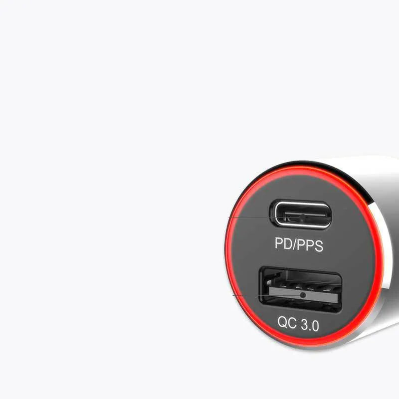 83W dual-port fast car charger with USB C and QC3.0 ports, shown with C-C cable or Apple MFI cable bundle options.