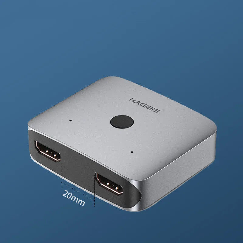 Gray Haibeisi HDMI switcher unit showing one input and two output ports for splitting a video signal.