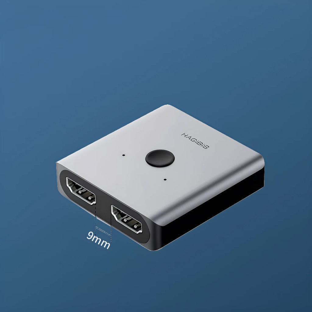 Gray Haibeisi HDMI switcher unit showing one input and two output ports for splitting a video signal.