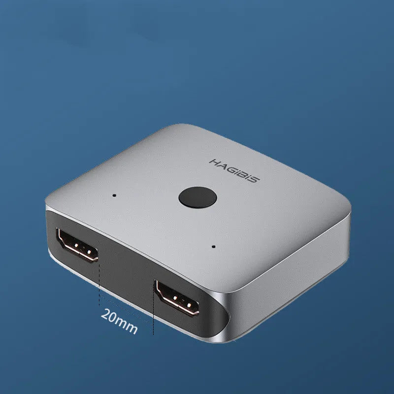 Gray Haibeisi HDMI switcher unit showing one input and two output ports for splitting a video signal.