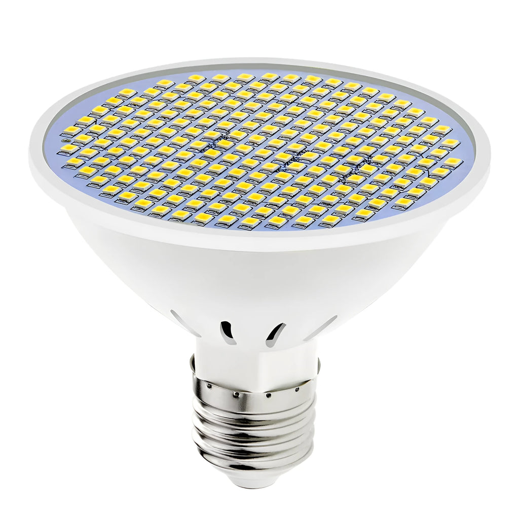 E27 LED energy-saving bulb with PC lamp body, shown in warm white and cool white options.