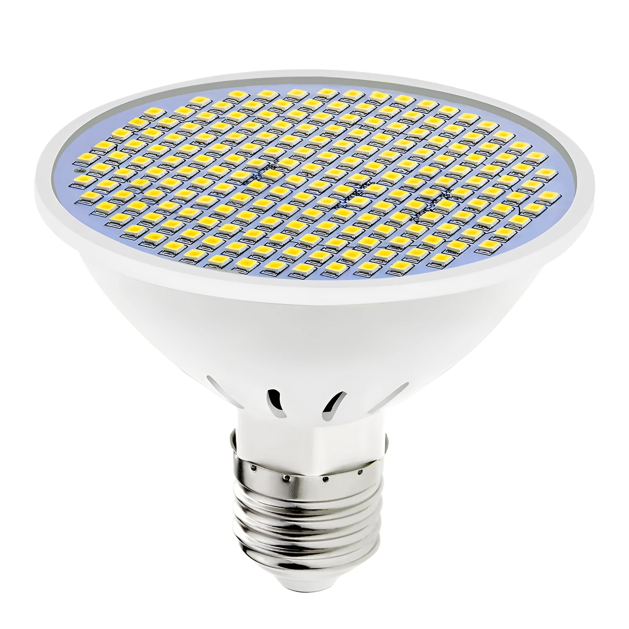 E27 LED energy-saving bulb with PC lamp body, shown in warm white and cool white options.