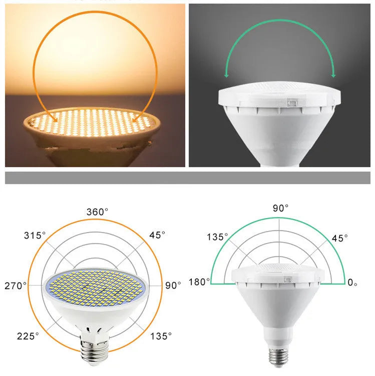 E27 LED energy-saving bulb with PC lamp body, shown in warm white and cool white options.