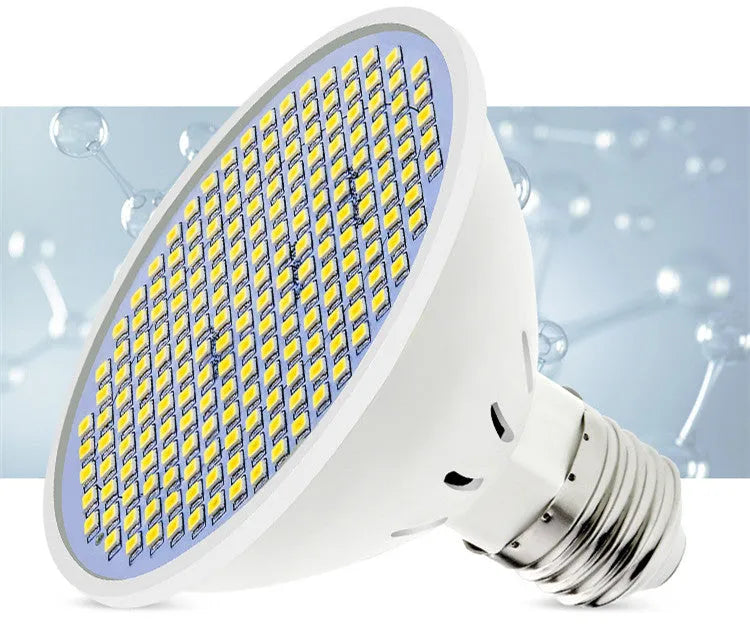 E27 LED energy-saving bulb with PC lamp body, shown in warm white and cool white options.