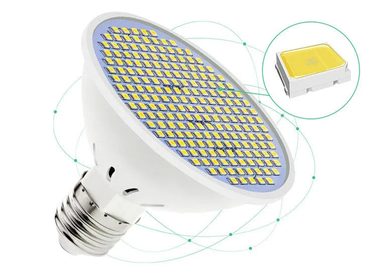 E27 LED energy-saving bulb with PC lamp body, shown in warm white and cool white options.