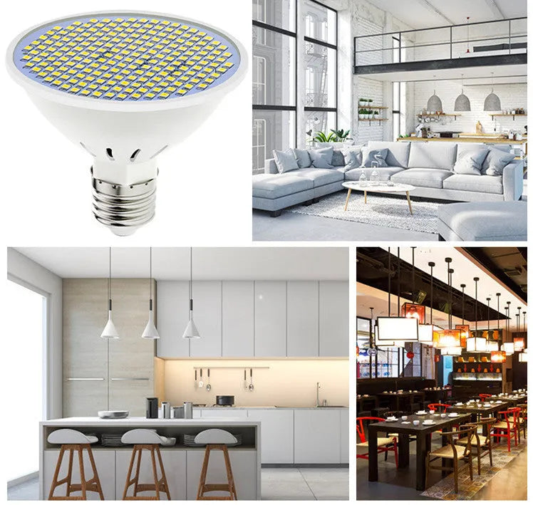 E27 LED energy-saving bulb with PC lamp body, shown in warm white and cool white options.
