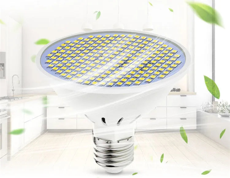 E27 LED energy-saving bulb with PC lamp body, shown in warm white and cool white options.