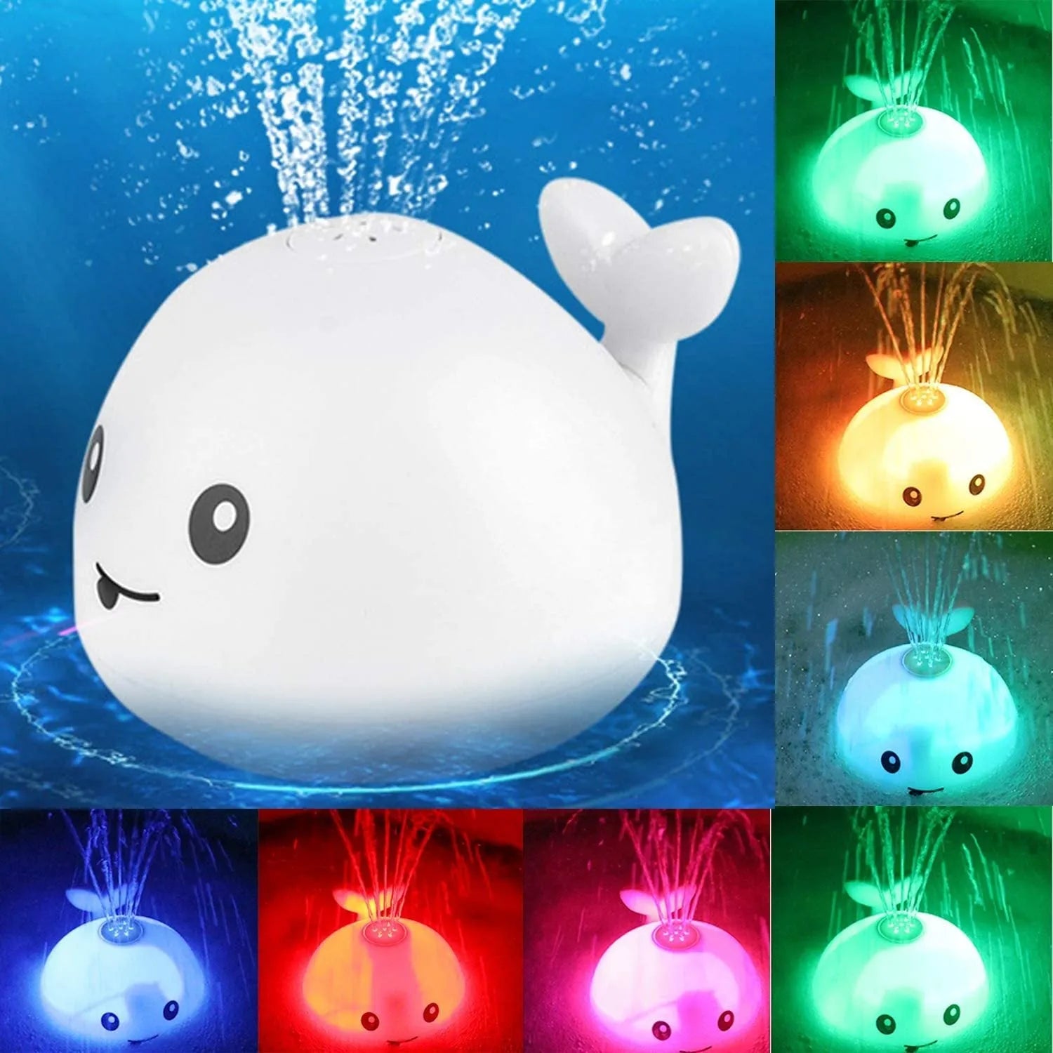 Electric induction whale bath spray toy with automatic water sensor and coloured LED lights floating in water