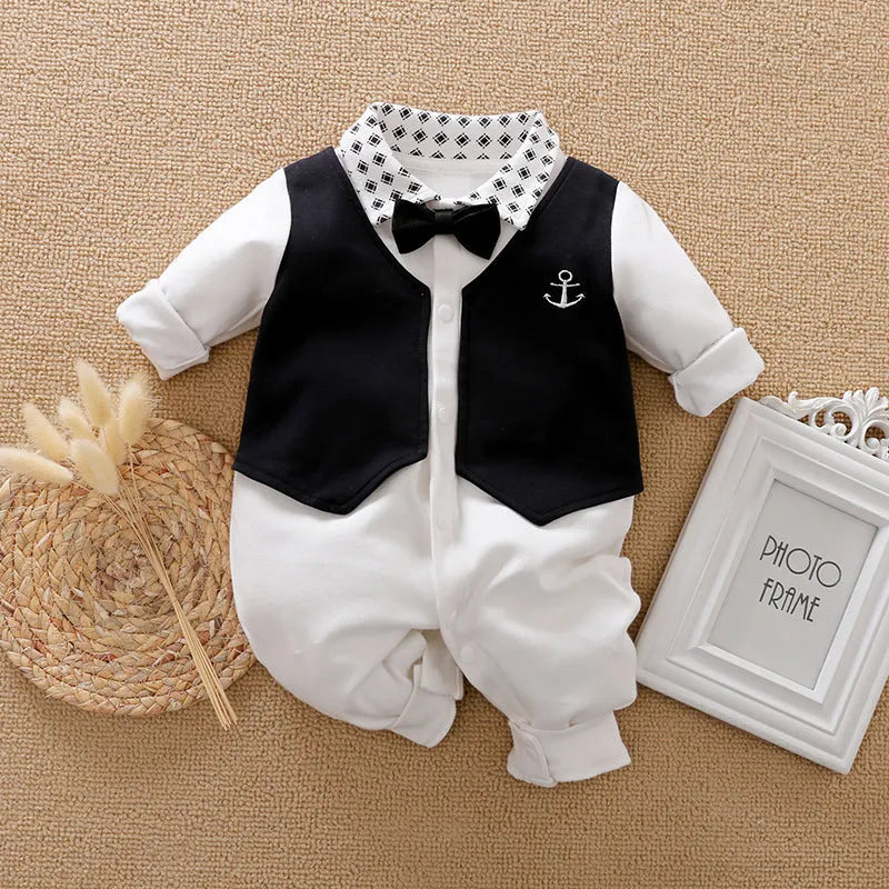 Baby boy in a long-sleeved cotton jumpsuit romper, styles include navy blue gentleman and white square collar.