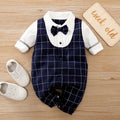 Baby boy in a long-sleeved cotton jumpsuit romper, styles include navy blue gentleman and white square collar.