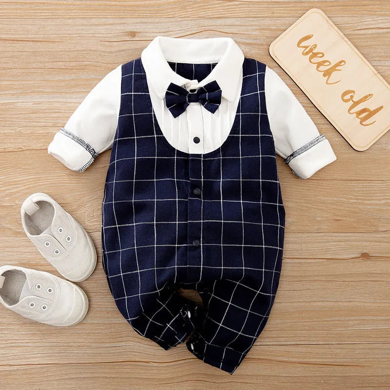 Baby boy in a long-sleeved cotton jumpsuit romper, styles include navy blue gentleman and white square collar.