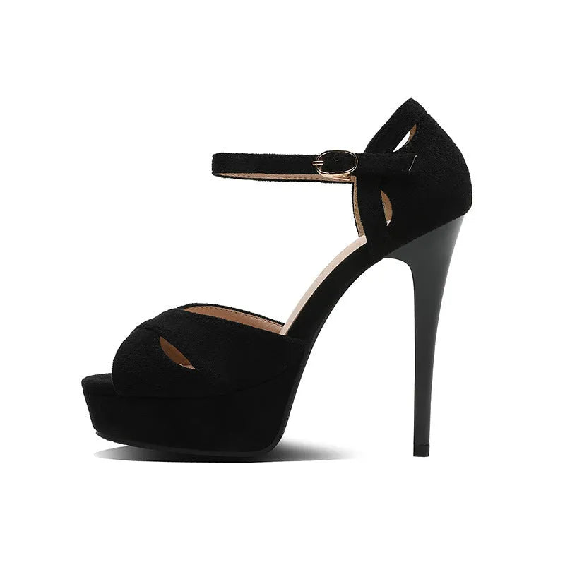 Black women's stiletto sandals with fish mouth toe and waterproof platform