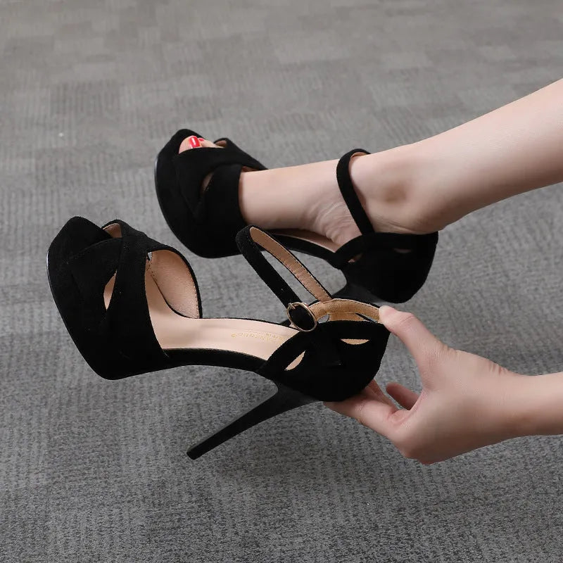 Black women's stiletto sandals with fish mouth toe and waterproof platform