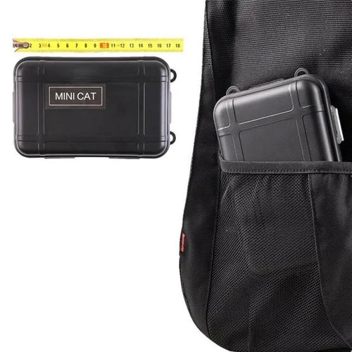 Black stainless steel 13-piece survival tool set in a shockproof box with compass, flashlight, and wire saw.