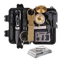 Black stainless steel 13-piece survival tool set in a shockproof box with compass, flashlight, and wire saw.