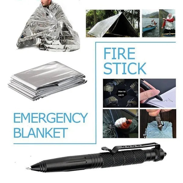 Black stainless steel 13-piece survival tool set in a shockproof box with compass, flashlight, and wire saw.